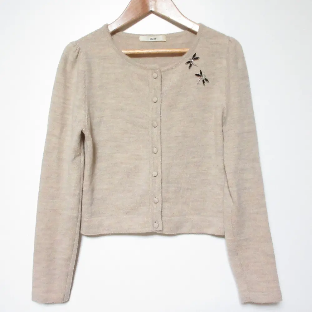 Rene ルネ カシミアブレンド トンボビジュー クルーネック ニット カーディガン 34 ライトベージュ 