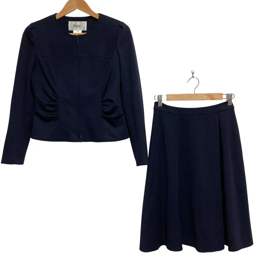 Rene ルネ ストレッチ ギャザー ジップ ノーカラージャケット ひざ丈 スカート セットアップ スーツ サイズ36 ネイビー