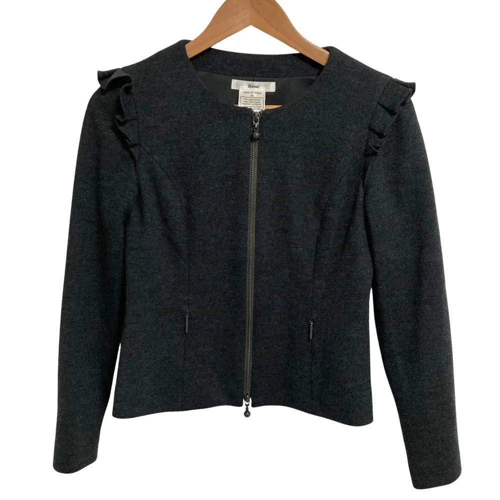 Rene ルネ パールボタン フリルスリーブ ウールノーカラージャケット 34サイズ グレー