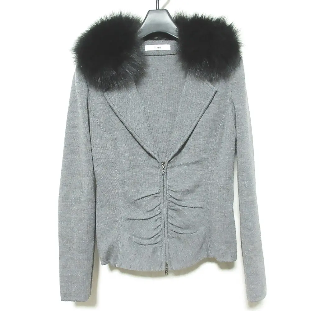 Rene ルネ フォックスファーカラー ウールニットジャケット 6942350 サイズ36 グレー
