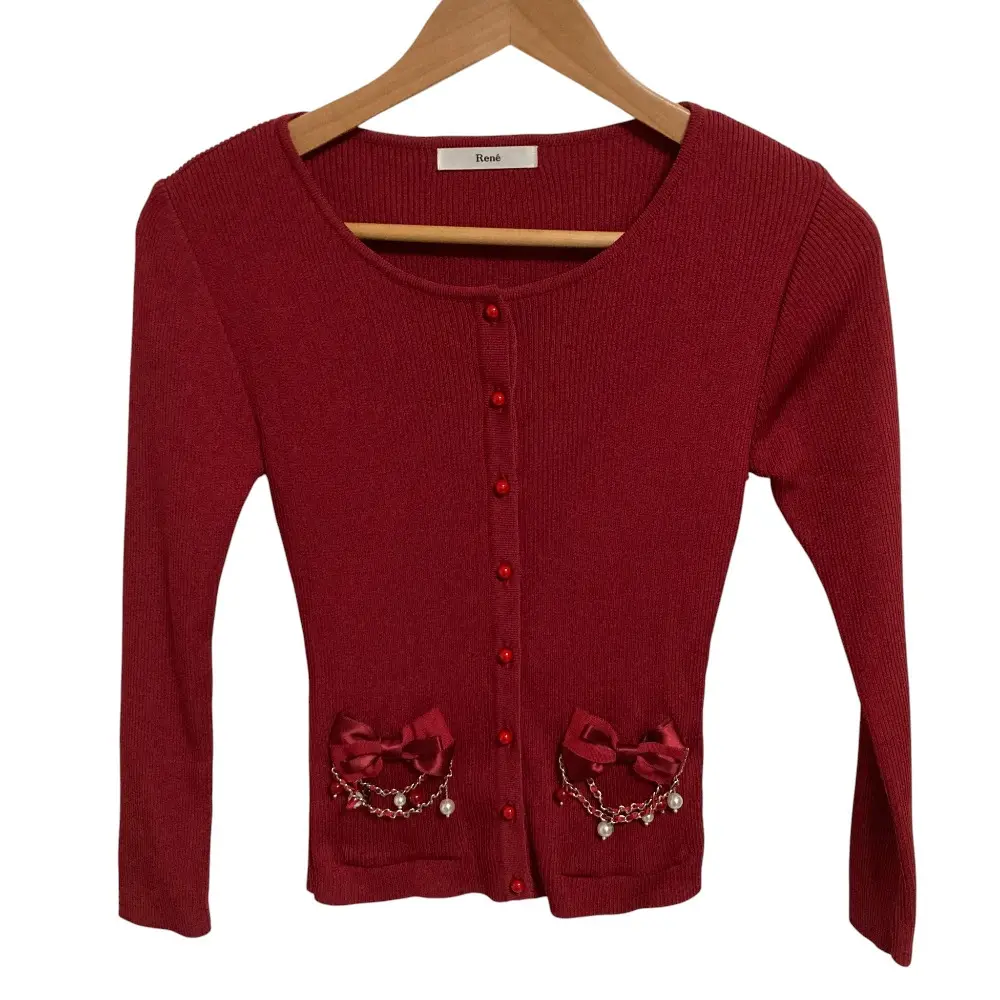 Rene ルネ リボン リブニット カーディガン 36サイズ レッド