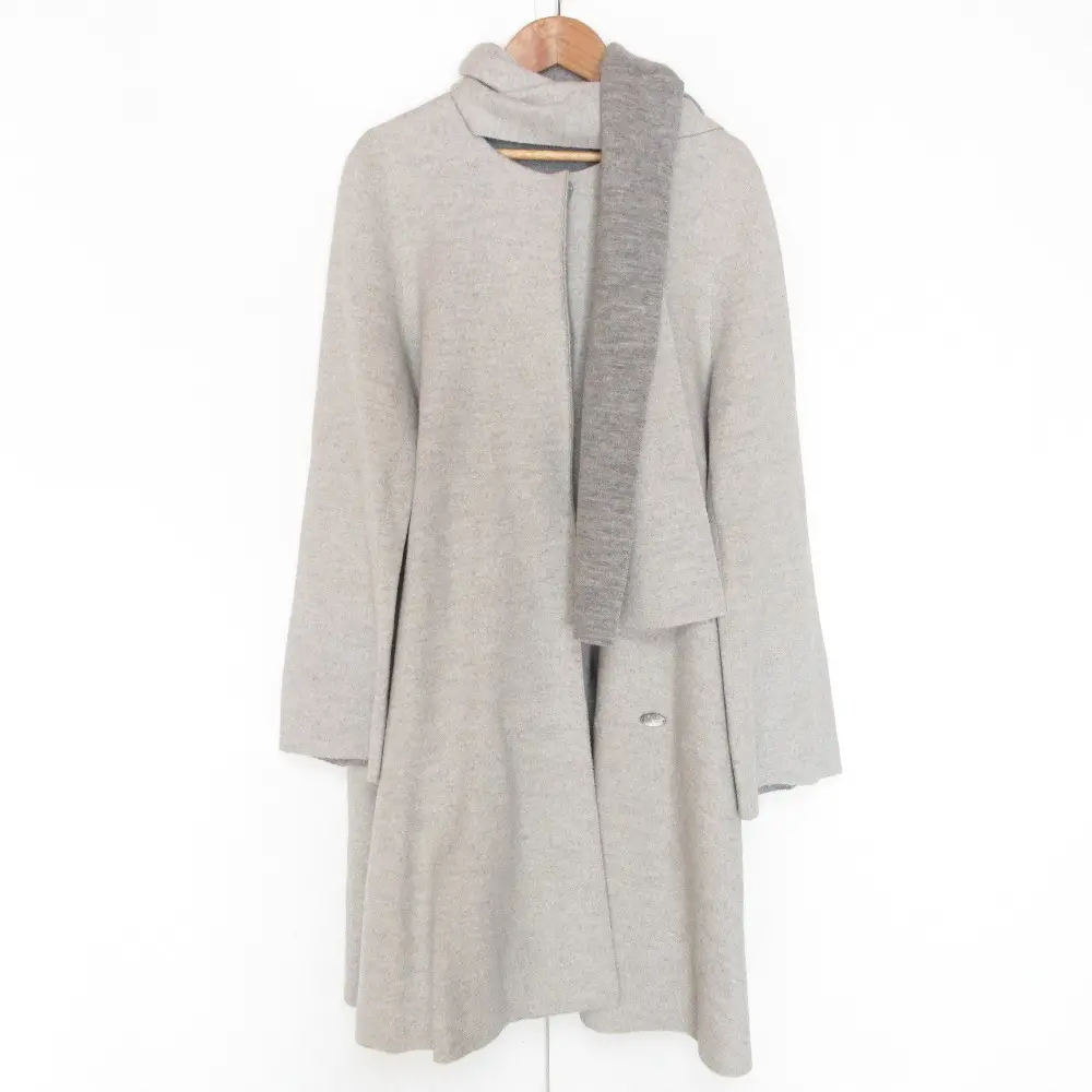 Rene ルネ マフラー付き ノーカラー ダブルフェイス ロングコート 36 グレー