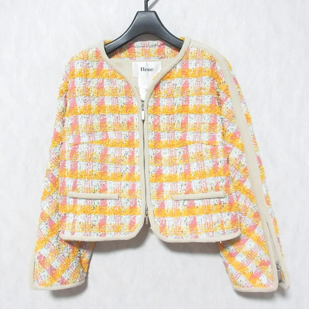 Rene ルネ ツイード ノーカラージップジャケット 6923980 サイズ36 オレンジ ピンク