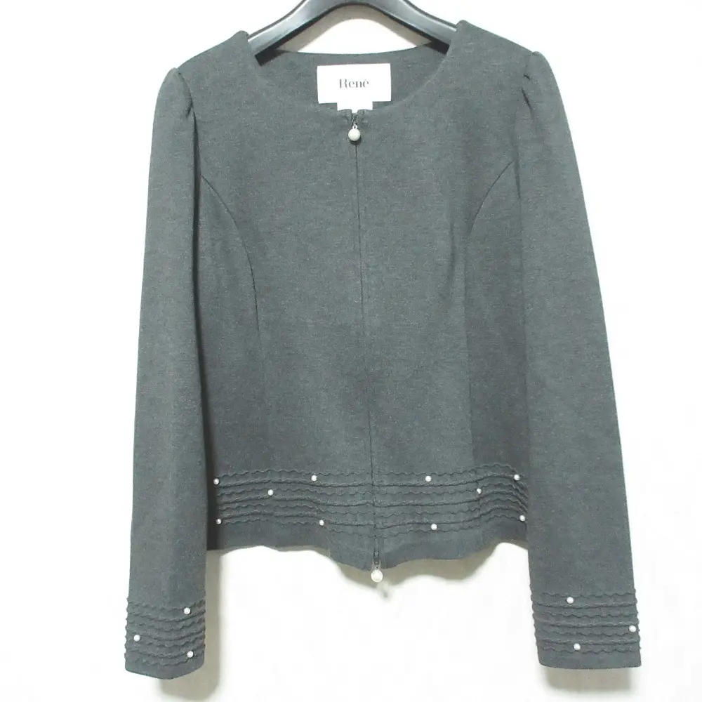 Rene ルネ パール ノーカラー ジップジャケット 6537100 サイズ38 グレー