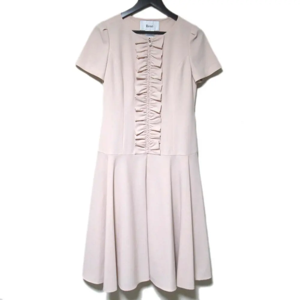 Rene ルネ フロントフリル フェイクパールジップ 半袖 フレアワンピース 6216430 サイズ36 ピンク