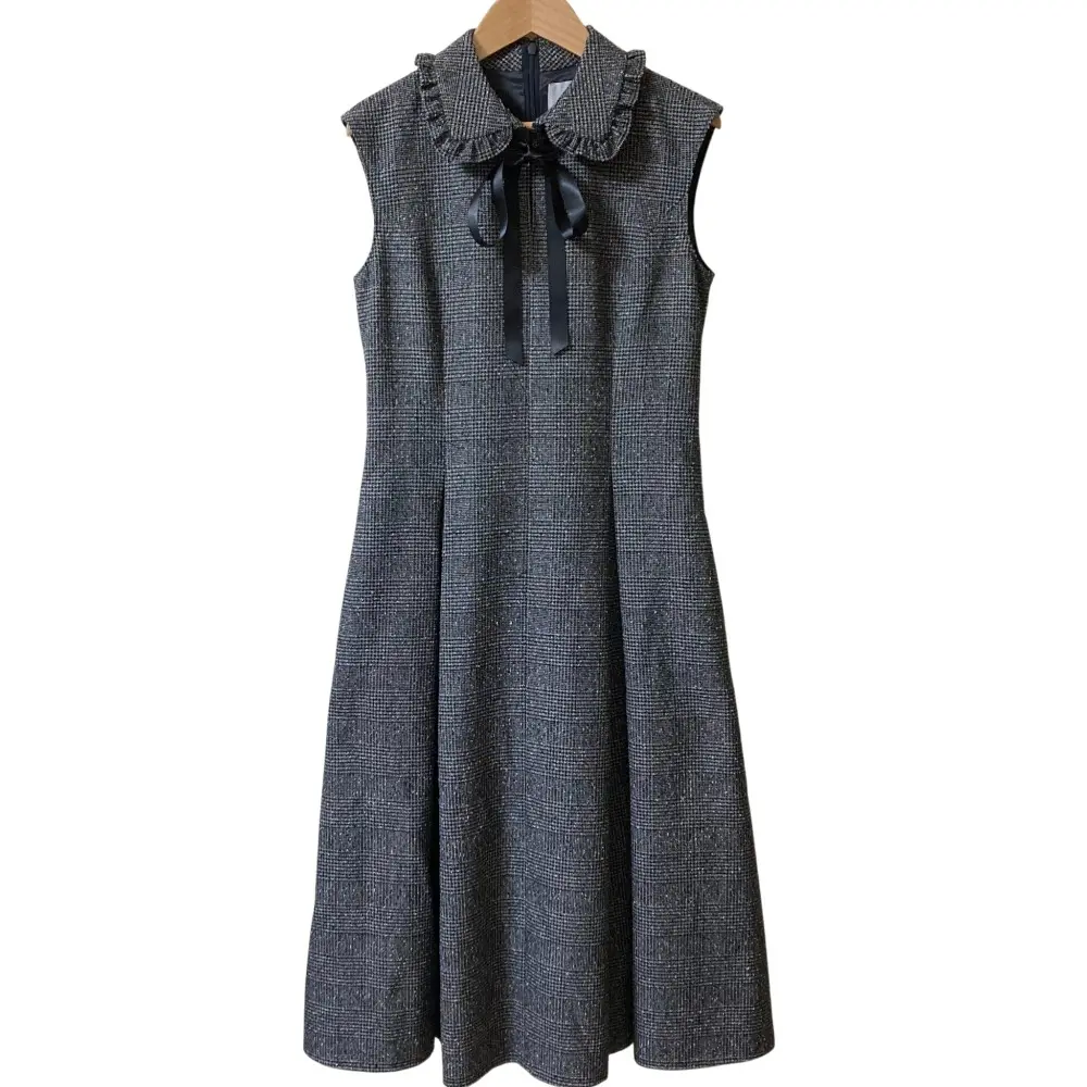 25AW Rene ルネ サテンリボン グレンチェック ツイードワンピース 6536310 サイズ34 グレー