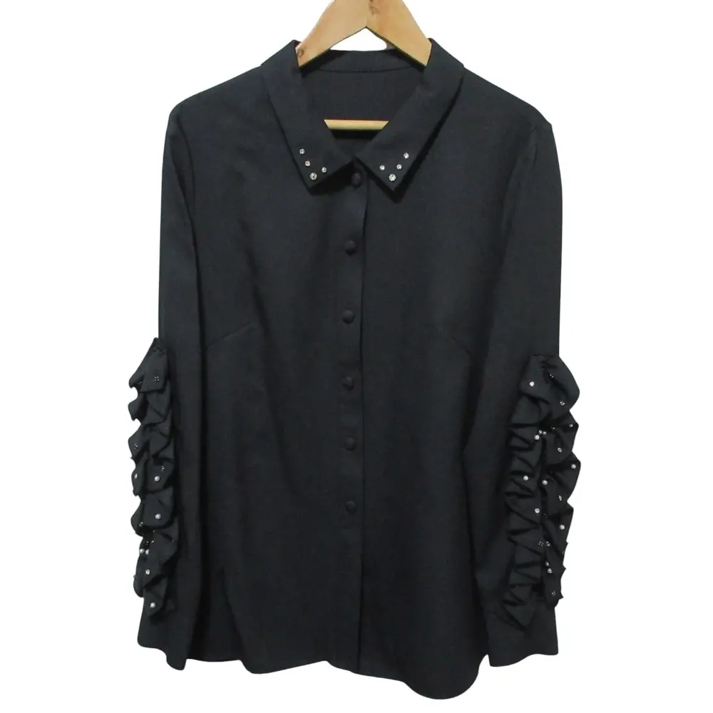 22AW Rene ルネ ラインストーン装飾 フリルスリーブ ブラウス シャツ 6241960 36 ブラック
