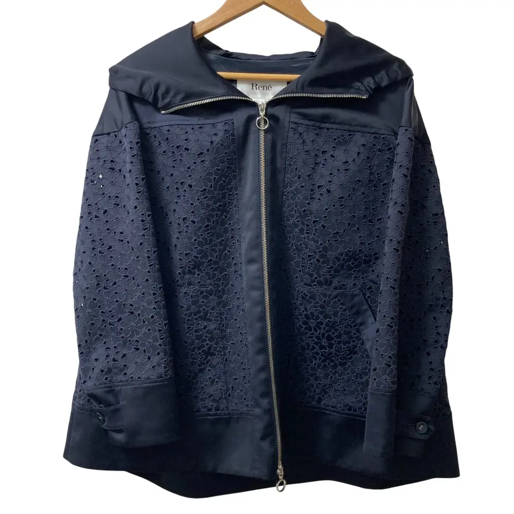 Rene ルネ カットワーク フラワーエンブロイダリー ジップアップパーカー サイズ34 ネイビー