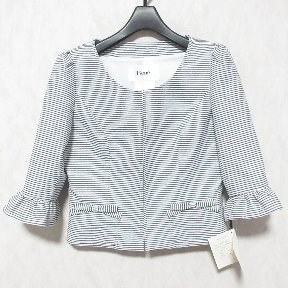 Rene ルネ Campore ボーダー 七分袖 ショート丈 ノーカラージャケット 36 ホワイト ダークグレー