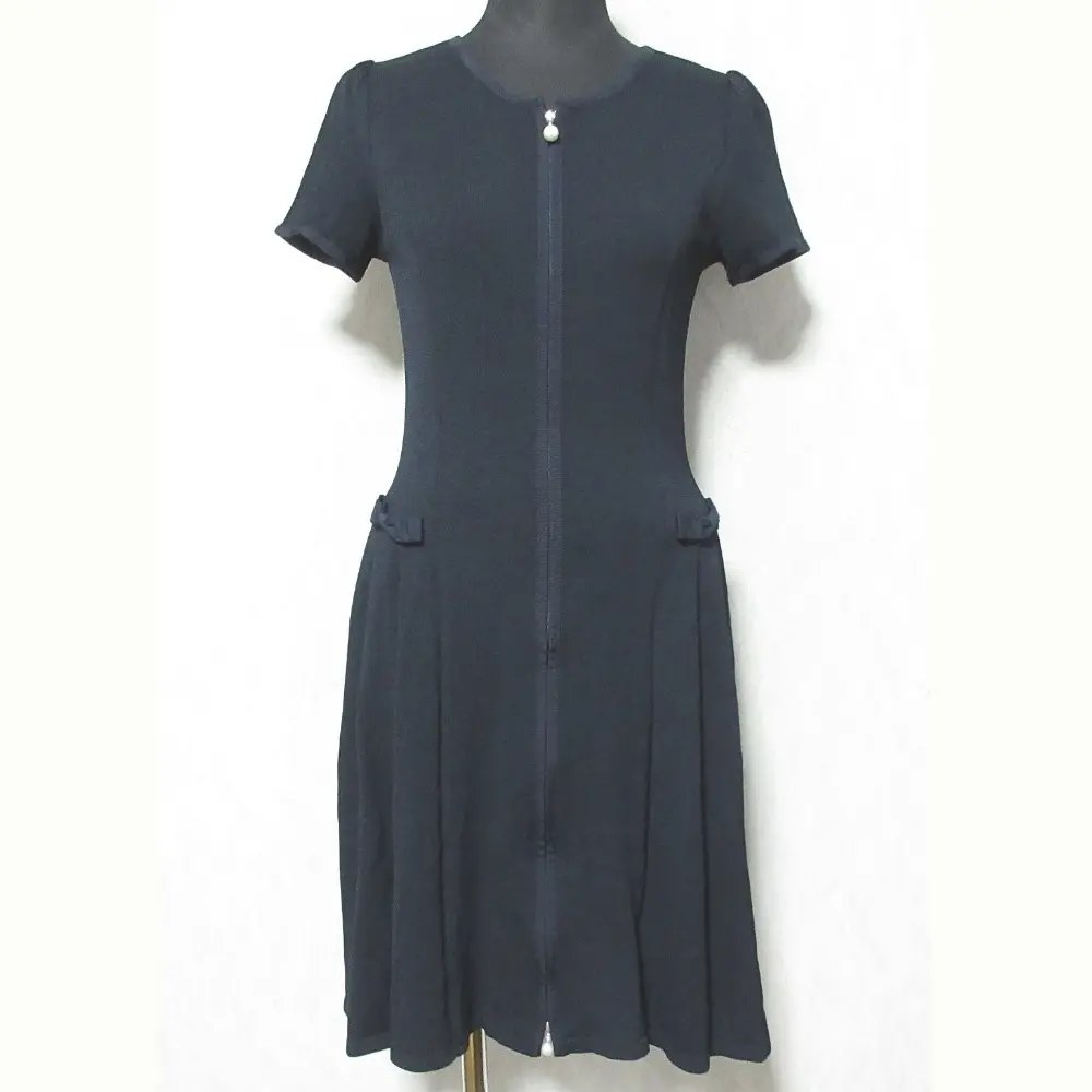Rene ルネ サイドリボン フロントジップ ショートスリーブ ひざ丈 ニットワンピース 34 ネイビー