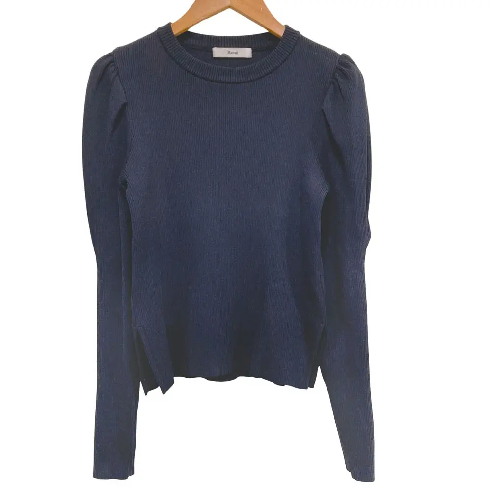 Rene ルネ フェイクパールボタン リブニットブラウス サイズ34 ネイビー