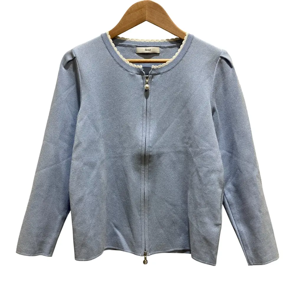 25SS Rene ルネ パフスリーブ ジップアップ ニット カーディガン SIZE36 ライトブルー