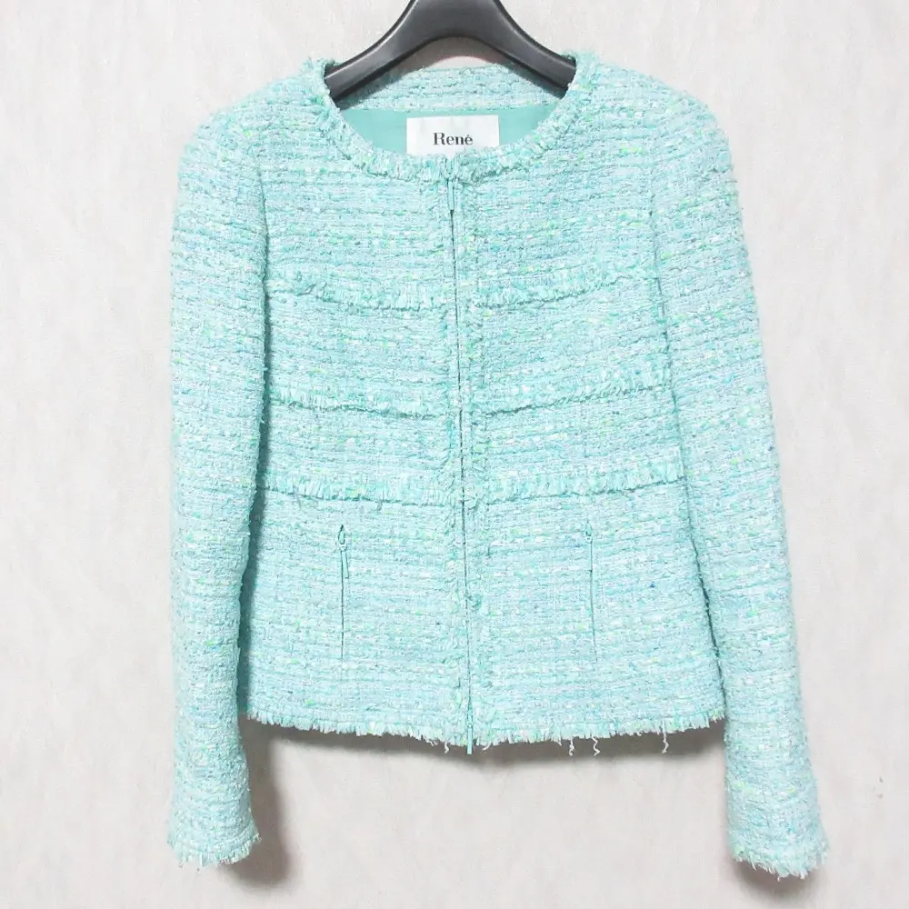 Rene ルネ フランス製生地 ダブルジップ ノーカラー ツイード ジャケット 6613270 36 ライトブルー