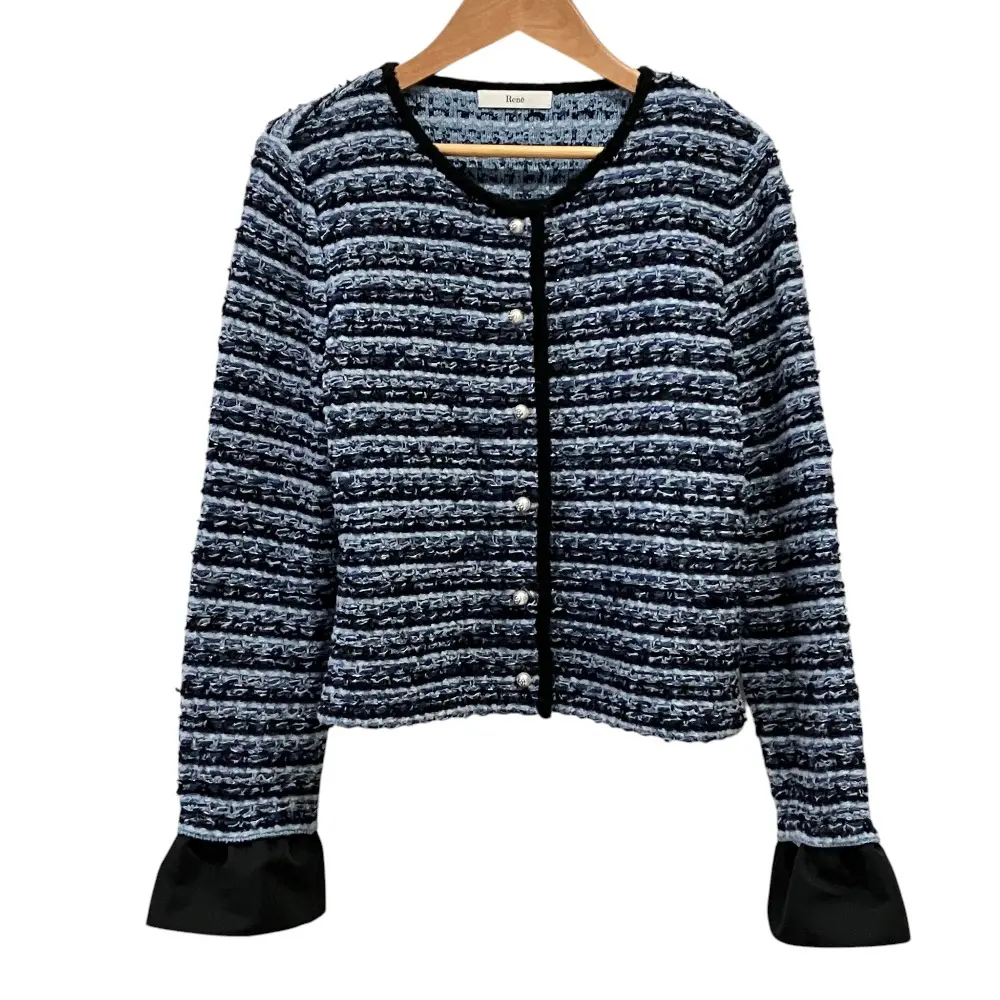 24AW Rene ルネ フェイクパールボタン ノーカラー ツイードジャケット 38 ネイビー ブルー