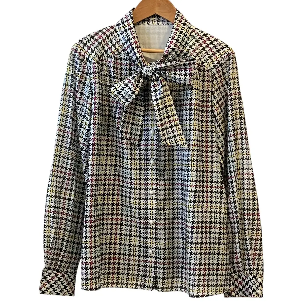 24AW Rene ルネ フェイクパールボタン モザイク柄 ボウタイブラウス 38 マルチカラー