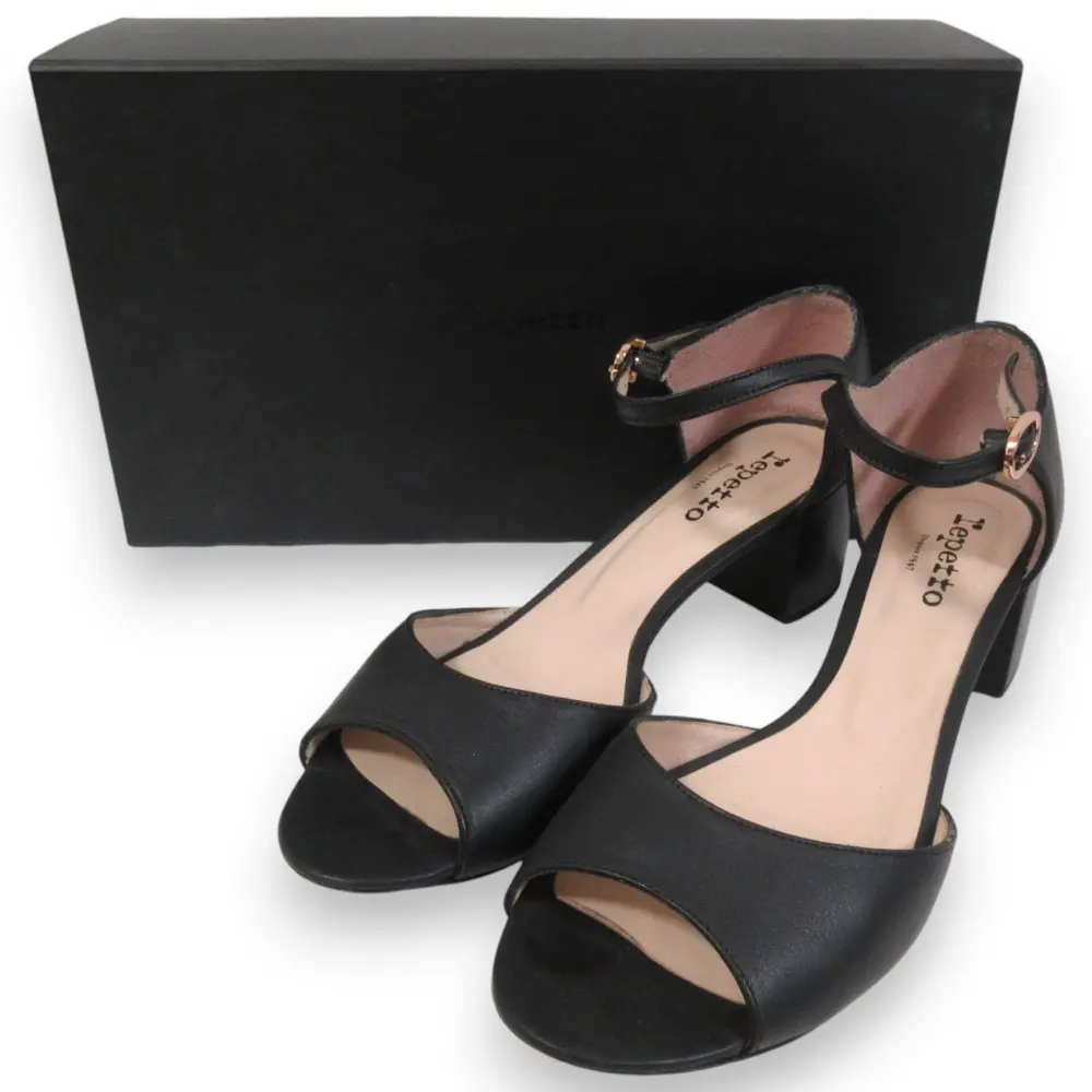 Repetto レペット レザー アンクルストラップ オープントゥ サンダル パンプス 39 約26cm ブラック×ピンクゴールド金具