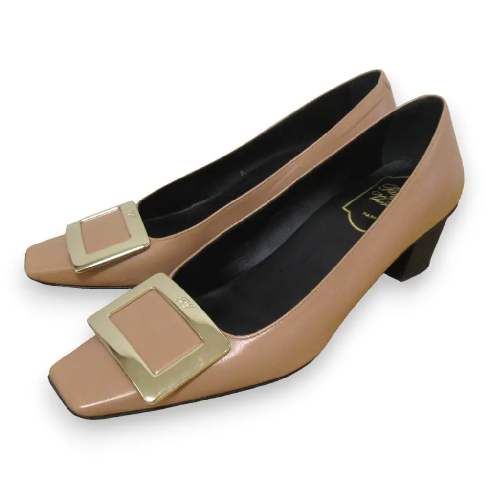 Roger Vivier ロジェヴィヴィエ ベルヴィヴィエ レザー メタルバックル スクエアトゥ パンプス 36.5 約23.5cm ゴールド金具