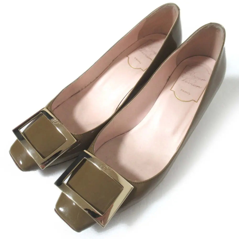 Roger Vivier ロジェヴィヴィエ ベルヴィヴィエ パテントレザー トランペット パンプス 37.5 約24.5cm ブラウンカーキ シルバー金具