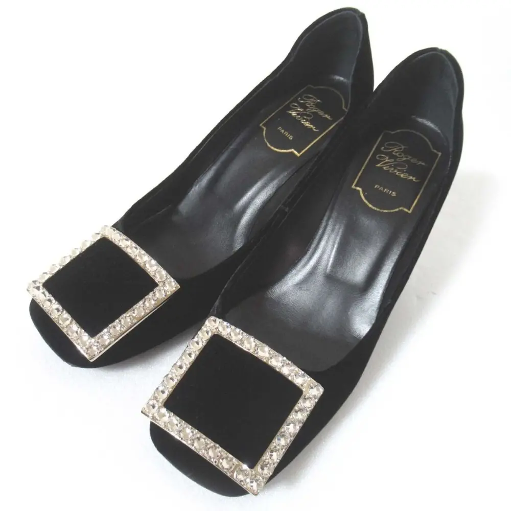Roger Vivier ロジェヴィヴィエ Podium Square Strass ビジュー ストラスバックル チャンキーヒール ベロア パンプス 35 ブラック