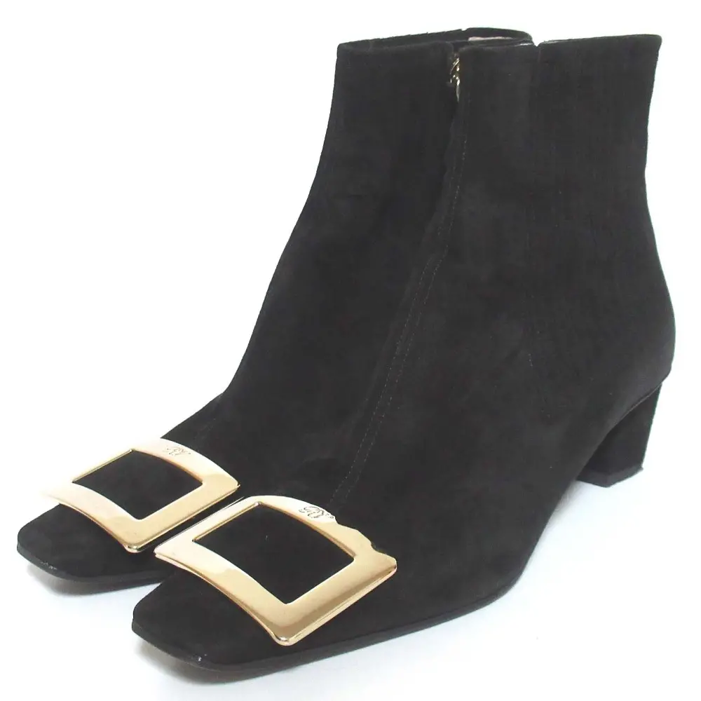 Roger Vivier ロジェヴィヴィエ Belle Vivier スエード スクエアトゥ アンクルブーツ ショートブーツ 35.5 22.5cm ブラック×シルバー