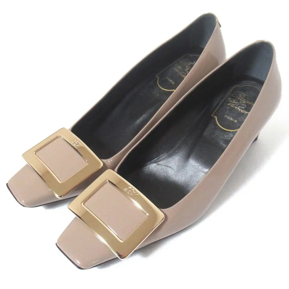 Roger Vivier ロジェヴィヴィエ ベルヴィヴィエ パテントレザー スクエアトゥ パンプス 35 22cm グレージュ×シルバー金具