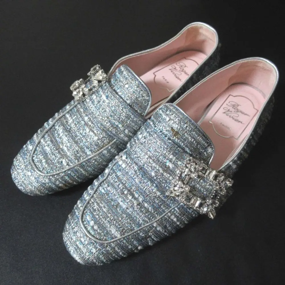 ROGER VIVIER ロジェヴィヴィエ MOCASSINO RV BROCHE ビジュー装飾バックル ツイード ローファー スリッポン 36.5 23.5cm ブルー系