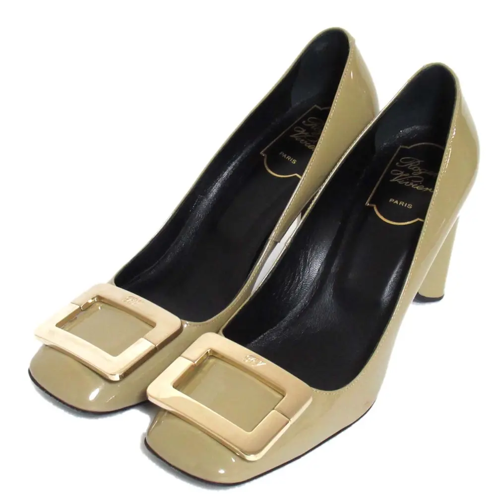 Roger Vivier ロジェヴィヴィエ パテントレザー チャンキーヒール ハイヒール パンプス 36.5 23.5cm相当 カーキベージュ系