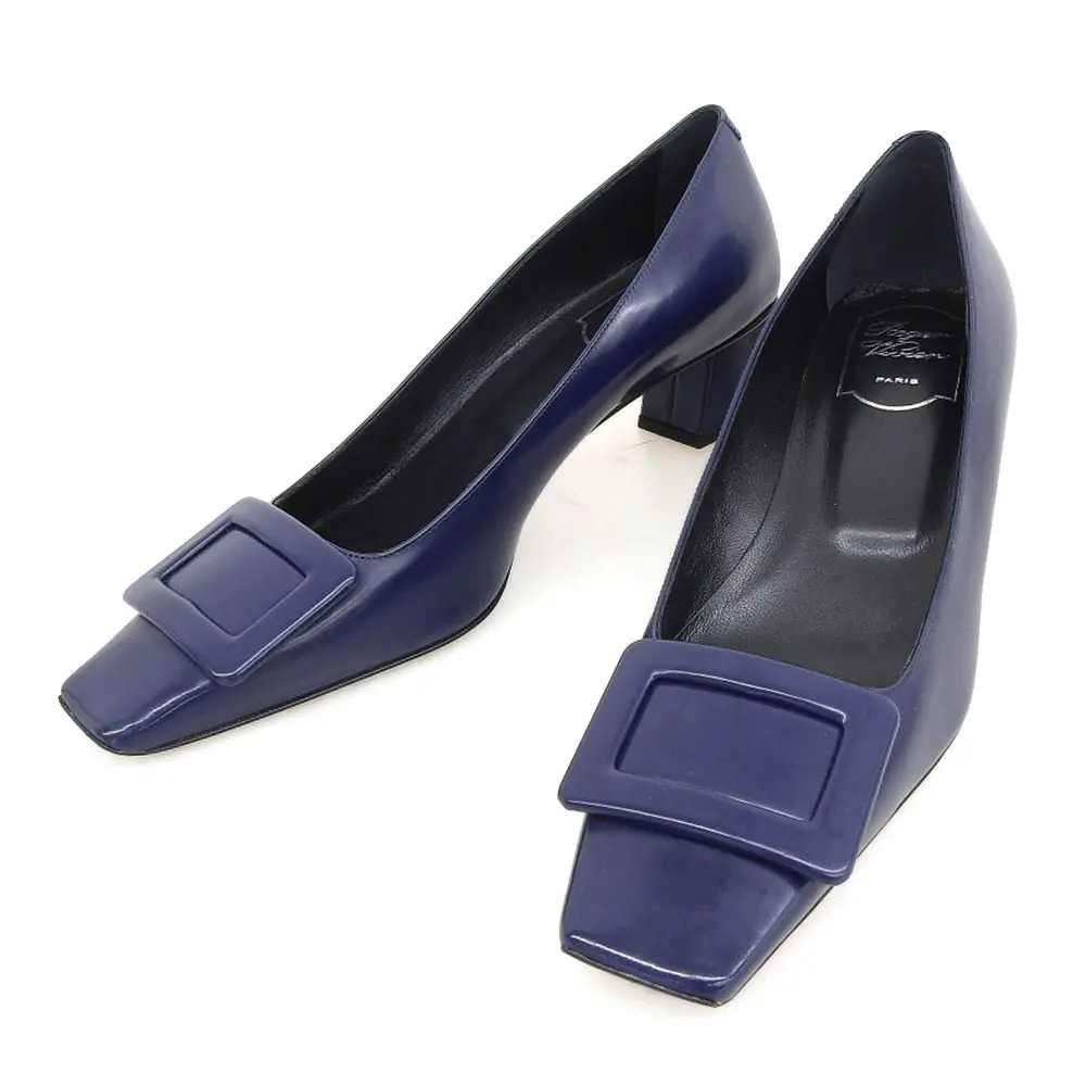 Roger Vivier ロジェヴィヴィエ バックル スクエアトゥ レザー パンプス 39 約26cm ネイビー