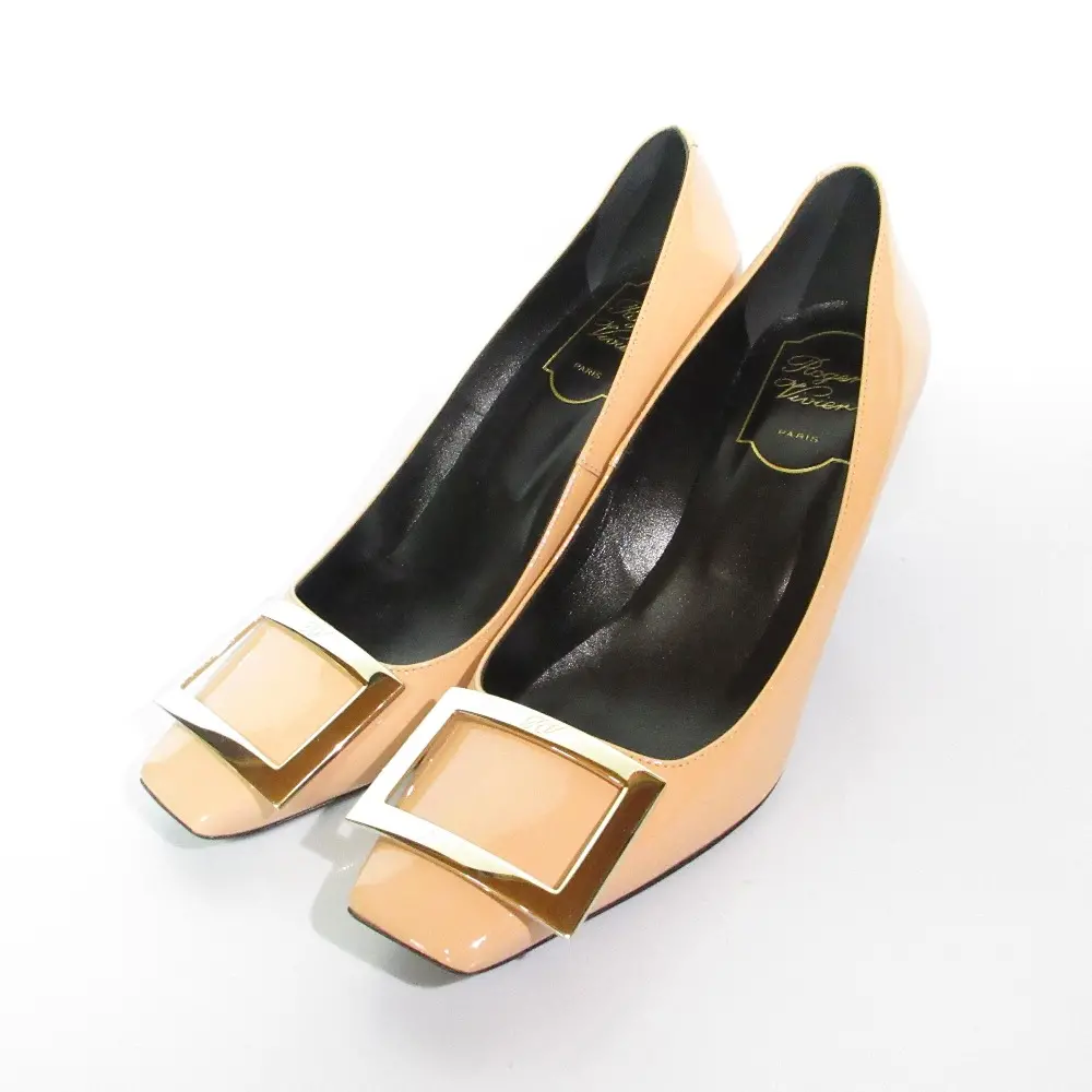 ROGER VIVIER ロジェヴィヴィエ スクエアバックル トランペット パテントレザー パンプス 36 1/2 23.5cm ピンクベージュ