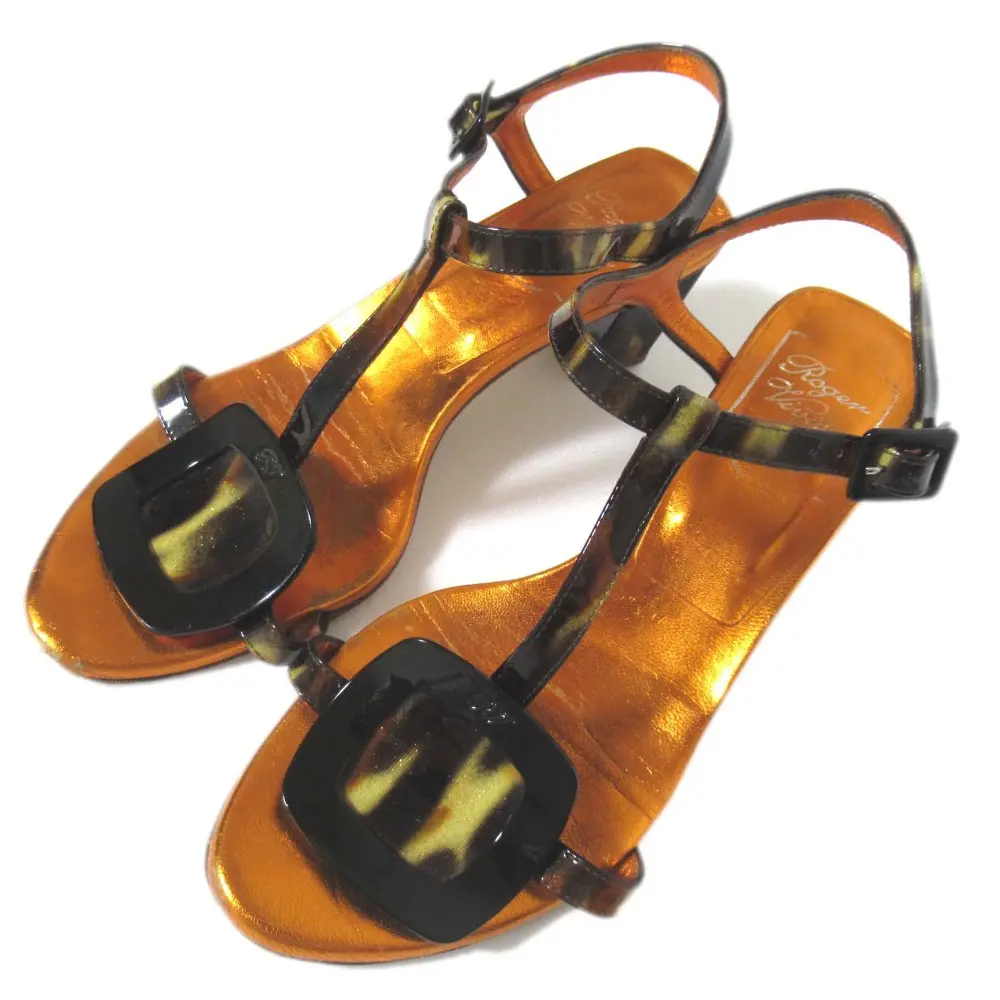 Roger Vivier ロジェヴィヴィエ アンクルストラップ サンダル サイズ35.5 22.5cm相当 メタリックオレンジ×ブラウン