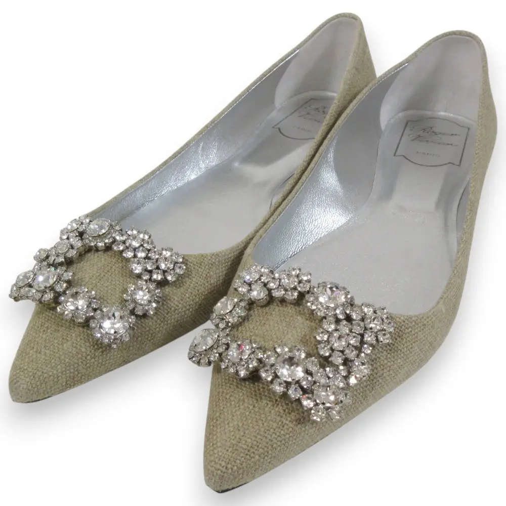 Roger Vivier ロジェヴィヴィエ キャンバス ビジュー ポインテッドトゥ パンプス フラットシューズ 38.5 約25.5cm ベージュ系