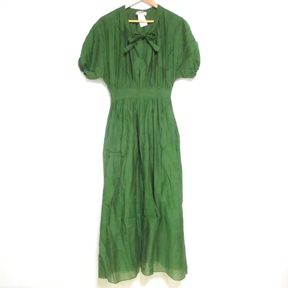 22SS S'Max Mara エスマックスマーラ ウエストギャザー 半袖 パフスリーブ マキシ丈 ドレス ワンピース 38 グリーン