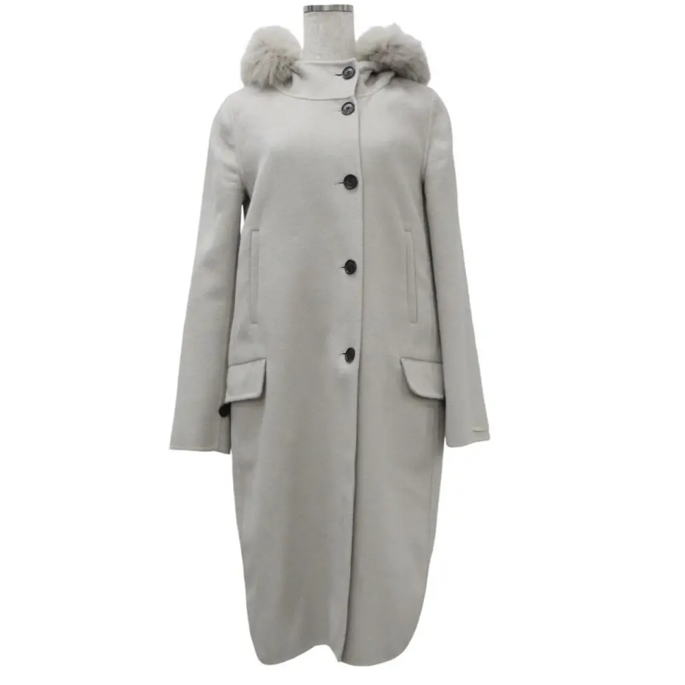 S Max Mara エスマックスマーラ ファーフード付き アンゴラ ウール リバーコート I38 ライトグレー