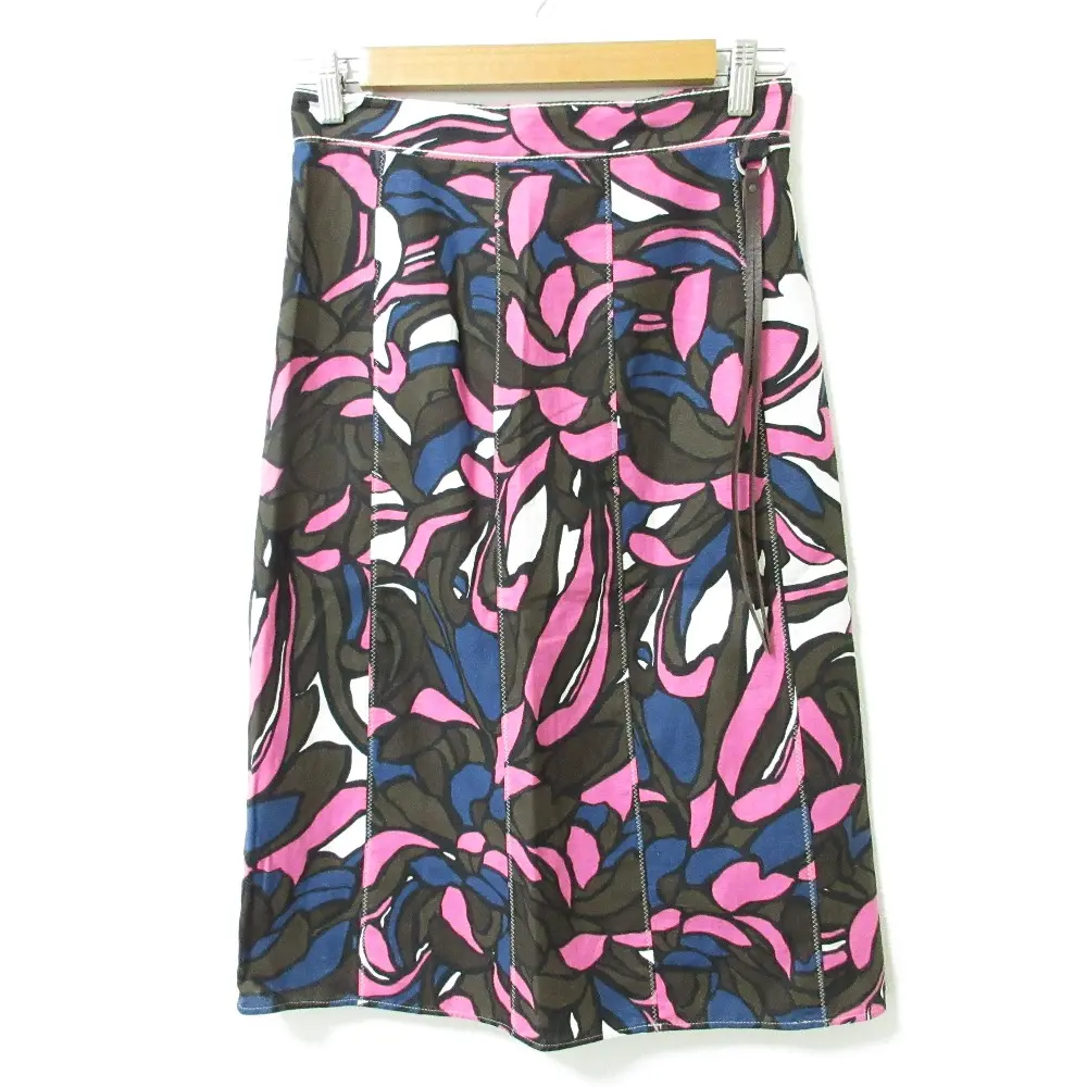 S Max Mara エスマックスマーラ フラワープリント リネンコットン レザー紐 ミディ丈 セミフレアスカート 44 マルチカラー