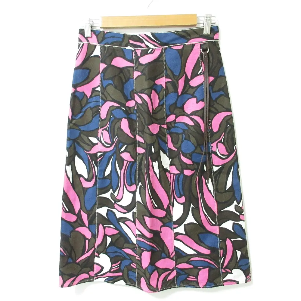 S Max Mara エスマックスマーラ フラワープリント リネンコットン レザー紐 ミディ丈 セミフレアスカート 42 マルチカラー