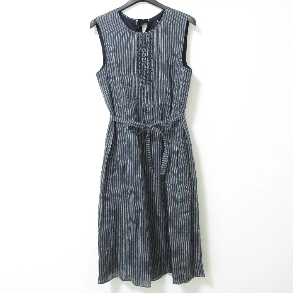 S MaxMara エスマックスマーラ ストライプ ビジュー バックリボン ノースリーブ ベルテッド ロング丈 フレアワンピース 40 ネイビー