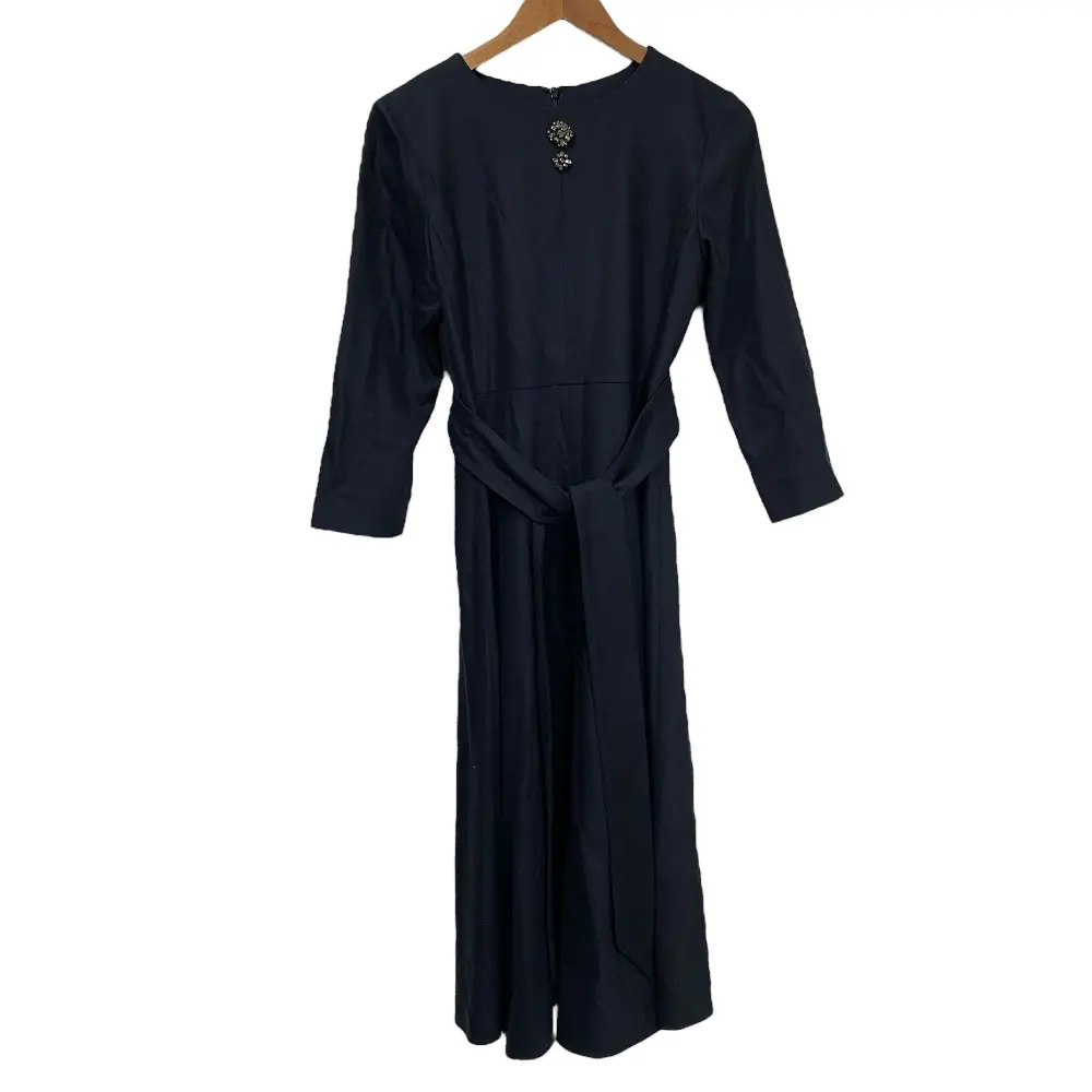 'S Max Mara エスマックスマーラ ビジュー装飾 七分袖 ひざ下丈 ベルテッド ワンピース ネイビー