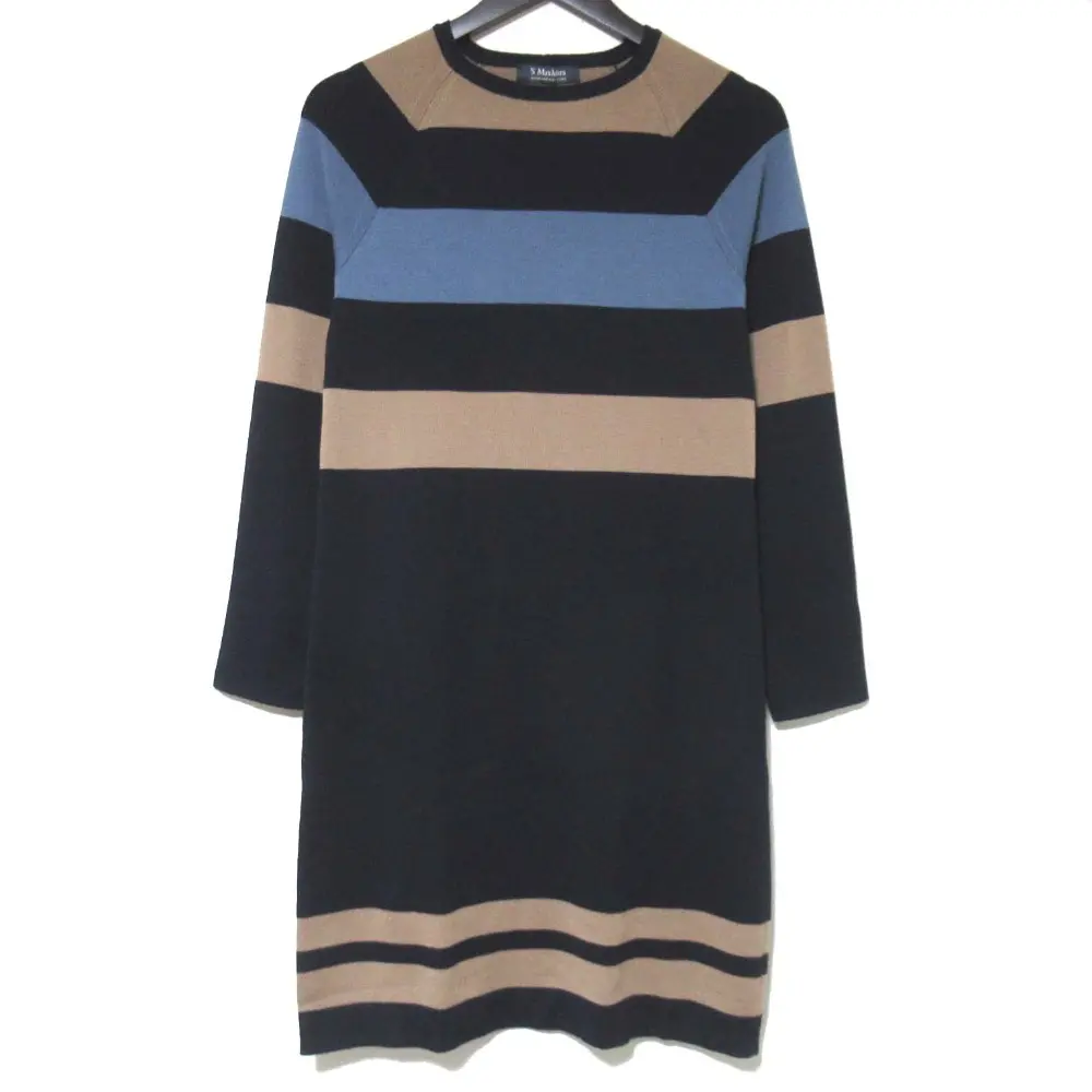 S Max Mara エスマックスマーラ ボーダー柄 バージンウール 長袖 ひざ丈 ニットワンピース XSサイズ 155/80A ネイビー系