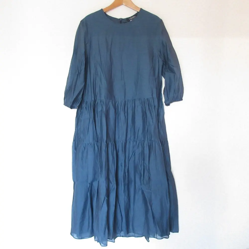 S Max Mara エスマックスマーラ コットンシルク 七分袖 ギャザーフレア ロングワンピース 40 ブルーグリーン