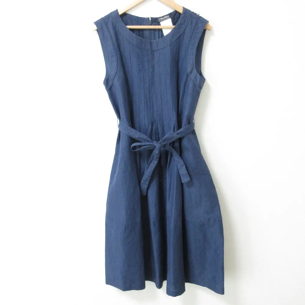 S Max Mara エスマックスマーラ フロントタック ひざ丈 ベルテッド ノースリーブワンピース 40 ネイビー