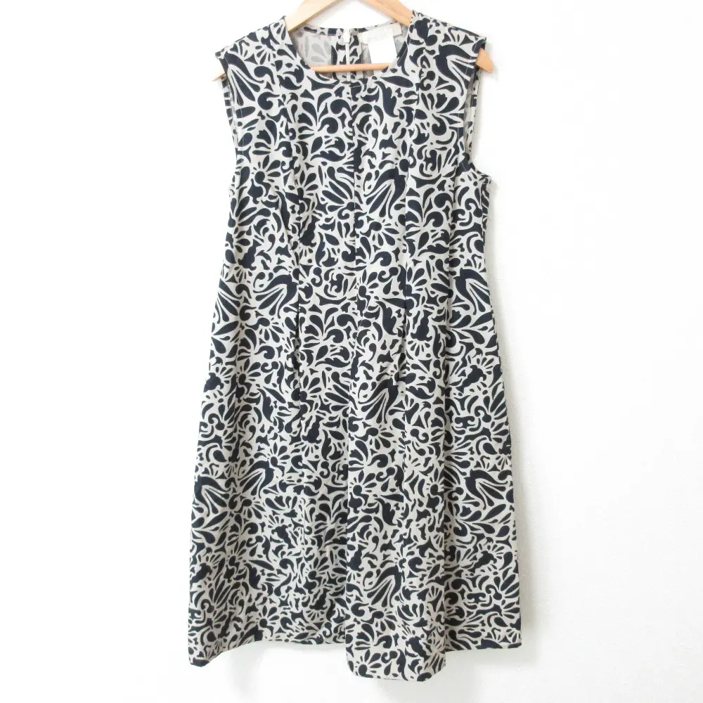 'S Max Mara エスマックスマーラ 総柄 ノースリーブ ひざ丈 フレア ワンピース 42 ネイビー×ベージュ