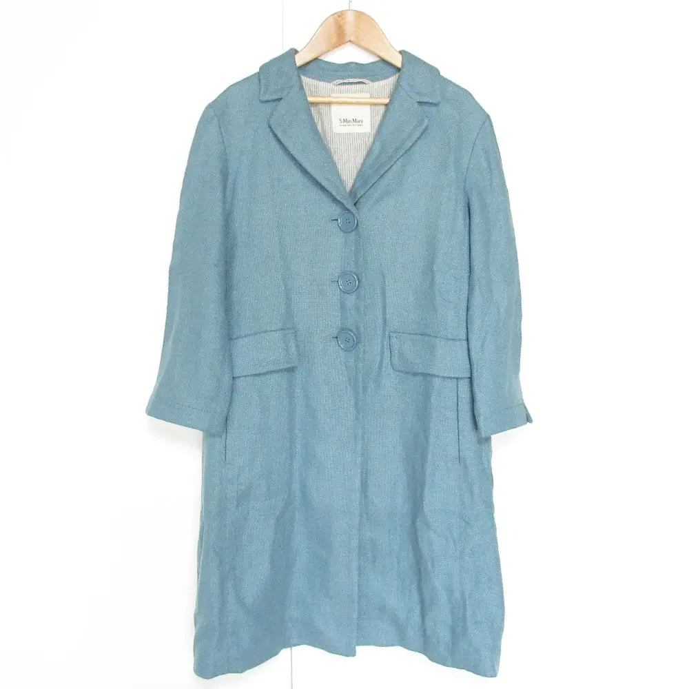 'S Max Mara エスマックスマーラ リネンコットン シングル テーラードカラー ロングコート 38 ライトブルー