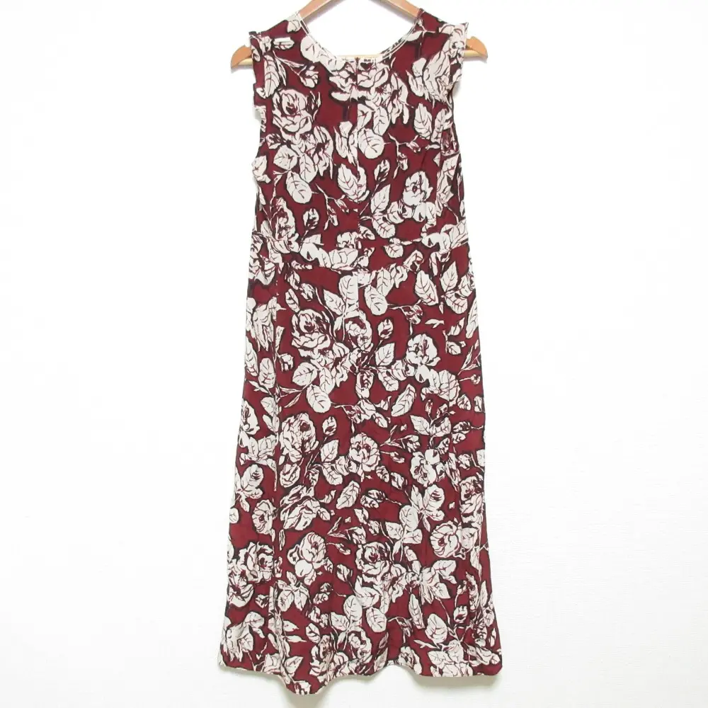 S Max Mara エスマックスマーラ フラワープリント シルク100％ ノースリーブ ロングワンピース 40 ボルドー