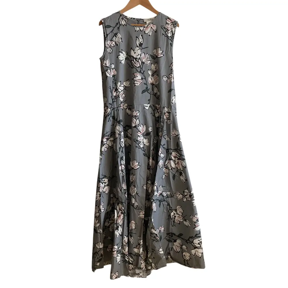 S Max Mara エスマックスマーラ フラワープリント ノースリーブ フレア ロング マキシ丈 ワンピース サイズ38 グレー
