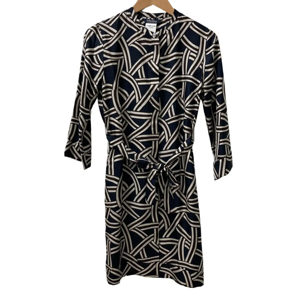 S Max Mara エスマックスマーラ シルク100％ 総柄 長袖 ひざ丈 ベルテッド シャツワンピース 36 ネイビー