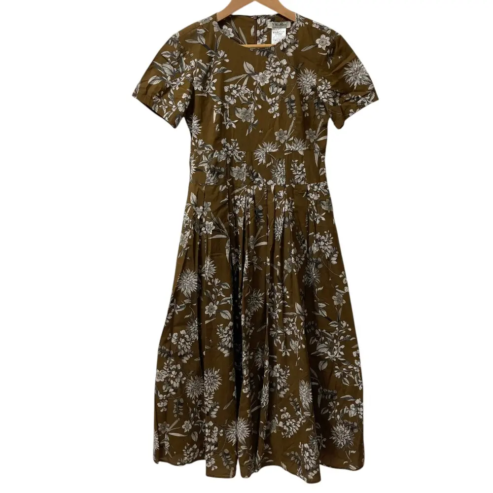 S Max Mara エスマックスマーラ フラワープリント ショートスリーブ ロングワンピース サイズ34 ブラウン×ホワイト