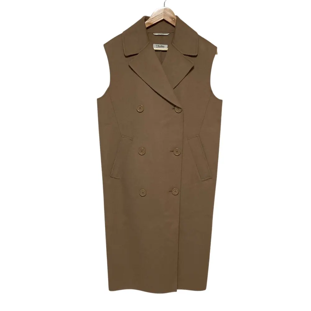 23AW S Max Mara エスマックスマーラ ウールリバー ダブルブレストノーカラーコート ロングジレ サイズ38 ブラウンベージュ