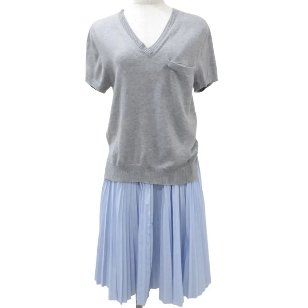 sacai サカイ 半袖 Vネック ニット 切替 プリーツスカート ドッキングワンピース サイズ2 グレー マルチカラー