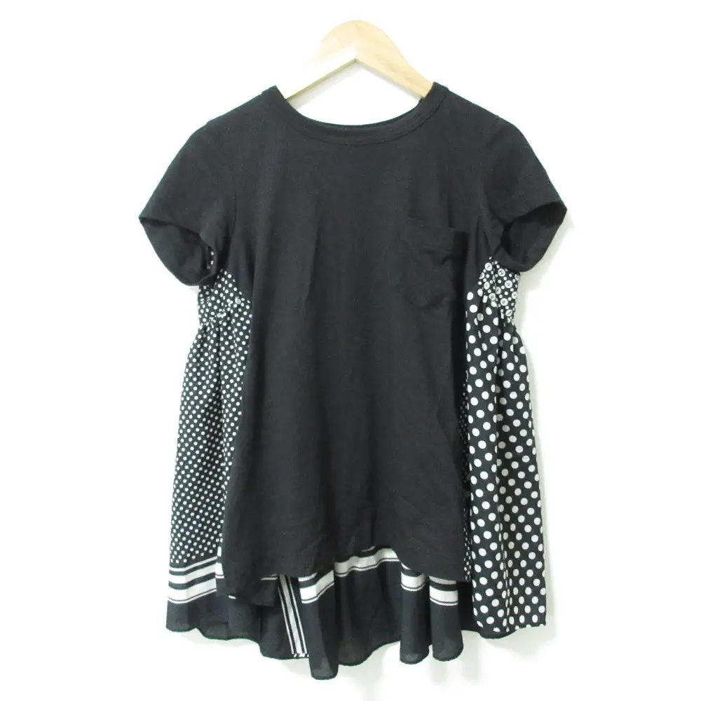 sacai サカイ ドット ボーダー リネン ラウンドネック 前後差 半袖 異素材切替 バックフレア カットソー ブラウス 1 ブラック