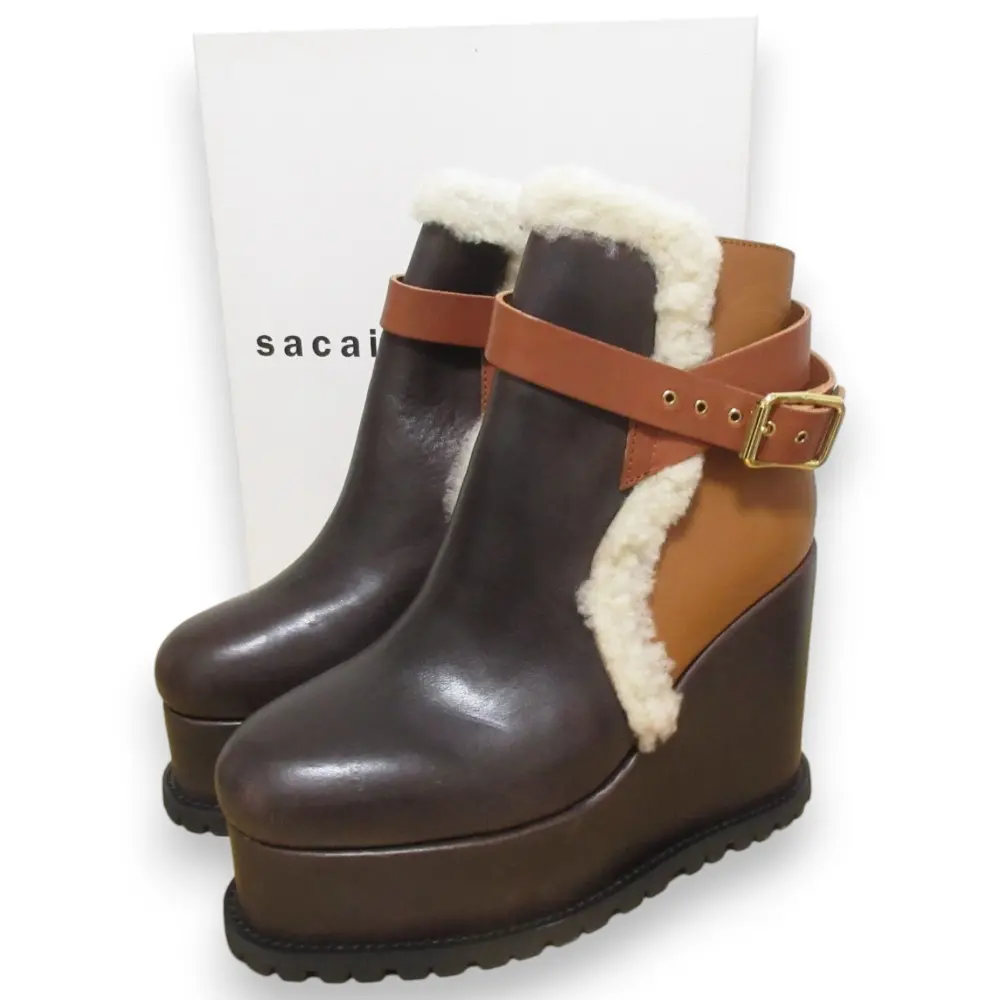 sacai サカイ カウハイド×ラムスキン プラットフォーム ウェッジソールブーツ 17-03409 38 約24.5cm ブラウン系
